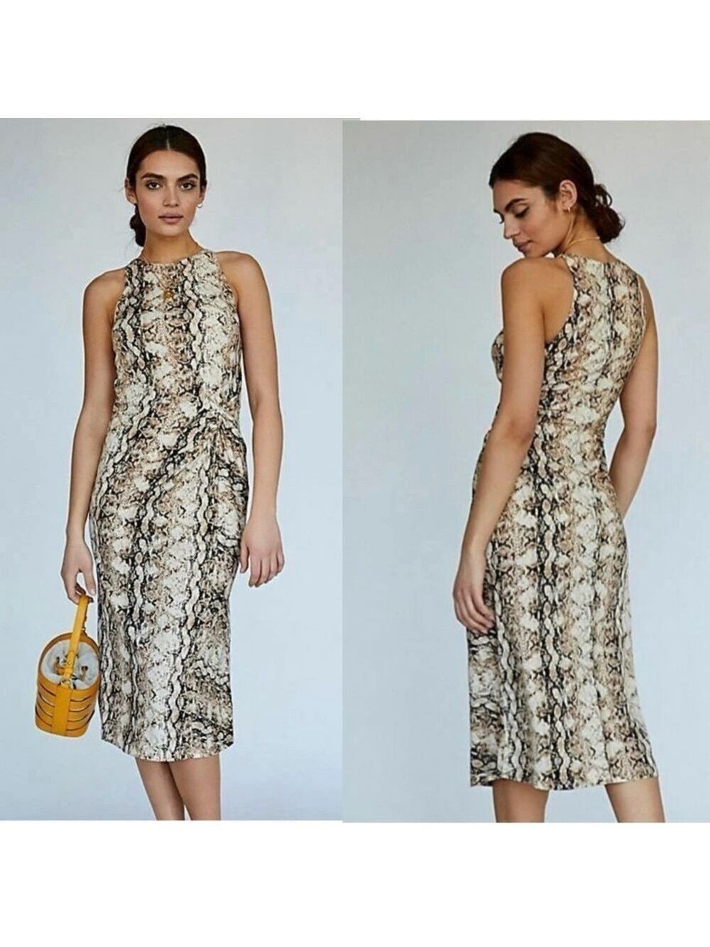 Ronny Kobo Evonna python snake print sleeveless midi dress front twist knot Sz S
